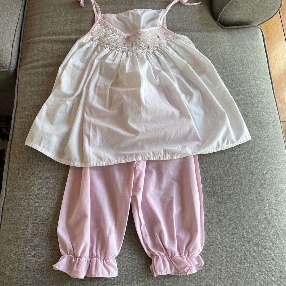 Remember Nguyen Girls White Smocked  Flower Top Size 6  Embroidery,‎ Pink Pants